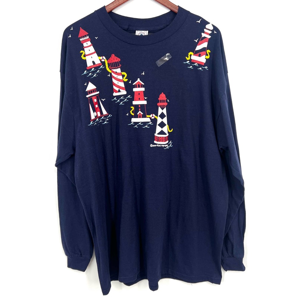 Womens Delta Sz XL Vintage 90s Lighthouse Long Sleeve Navy Blue Blouse Shirt Top
